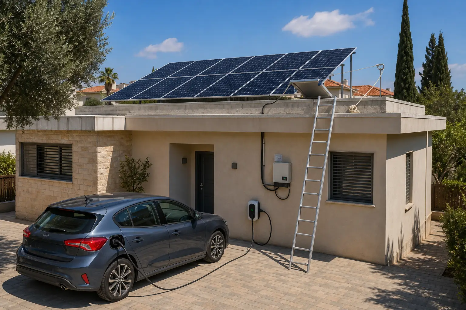 בית פרטי ישראלי עם מערך פאנלים סולאריים על גג שטוח ורכב חשמלי המחובר למטען ביתי בחניה בשעות הצהריים